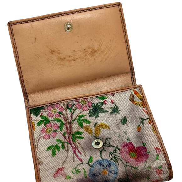 Gucci Made In Italy Floral Canvas & Leather Trifold Wallet Gold Horsebit Accent - Picture 3 of 7